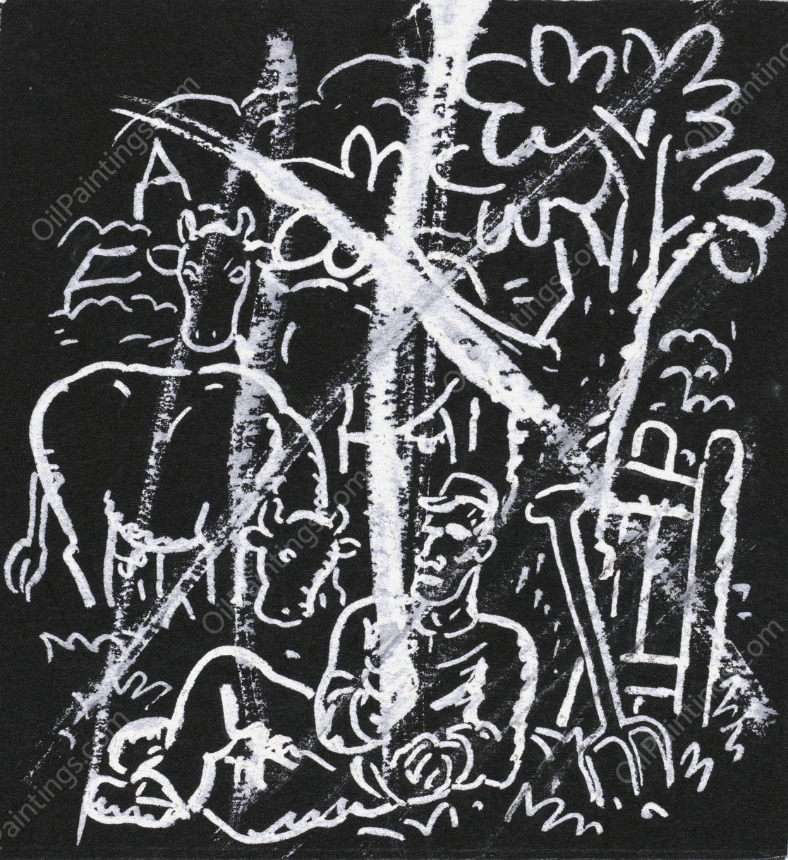 Boer rustend onder een boom in een weiland met koeien  by Leo Gestel - Hand-Painted Oil Painting Reproduction