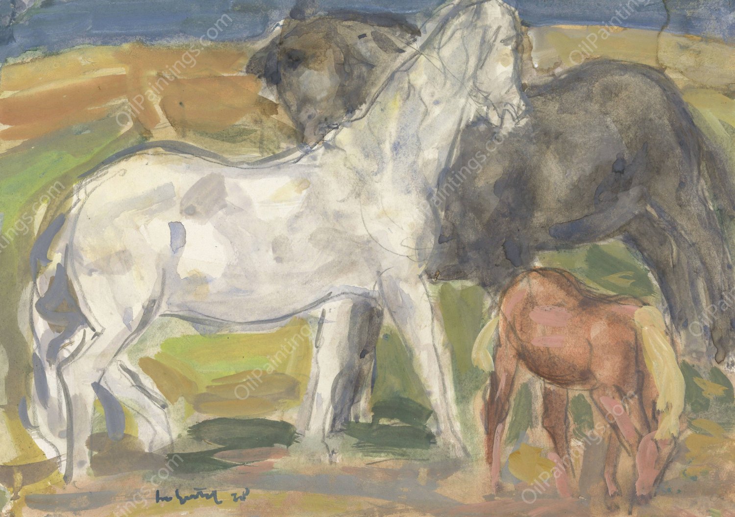 Drie paarden in een landschap  by Leo Gestel - Hand-Painted Oil Painting Reproduction