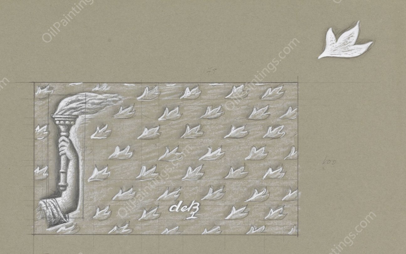 Ontwerp voor een watermerk van een bankbiljet; een hand met fakkel, op een achtergrond van bladeren  by Leo Gestel - Hand-Painted Oil Painting Reproduction