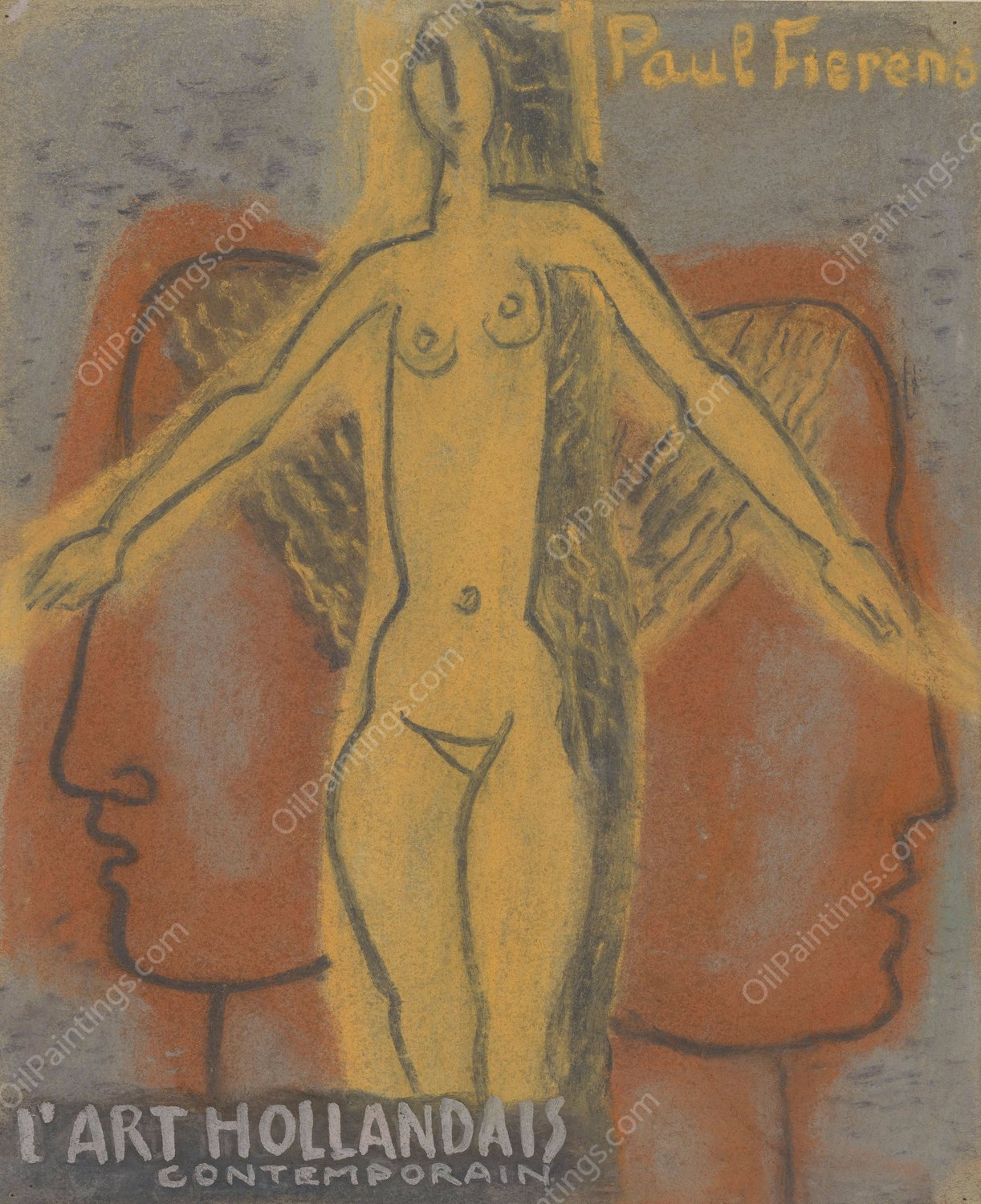 Ontwerp voor Paul Fierens 'l'Art Hollandais contemporain'; naakte vrouw tussen twee van elkaar weg kijkende mannen hoofden  by Leo Gestel - Hand-Painted Oil Painting Reproduction