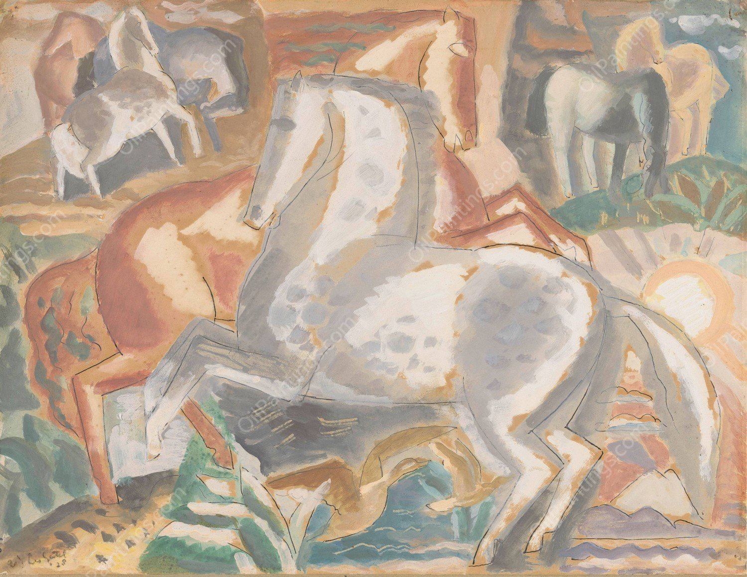 Paarden in landschap  by Leo Gestel - Hand-Painted Oil Painting Reproduction