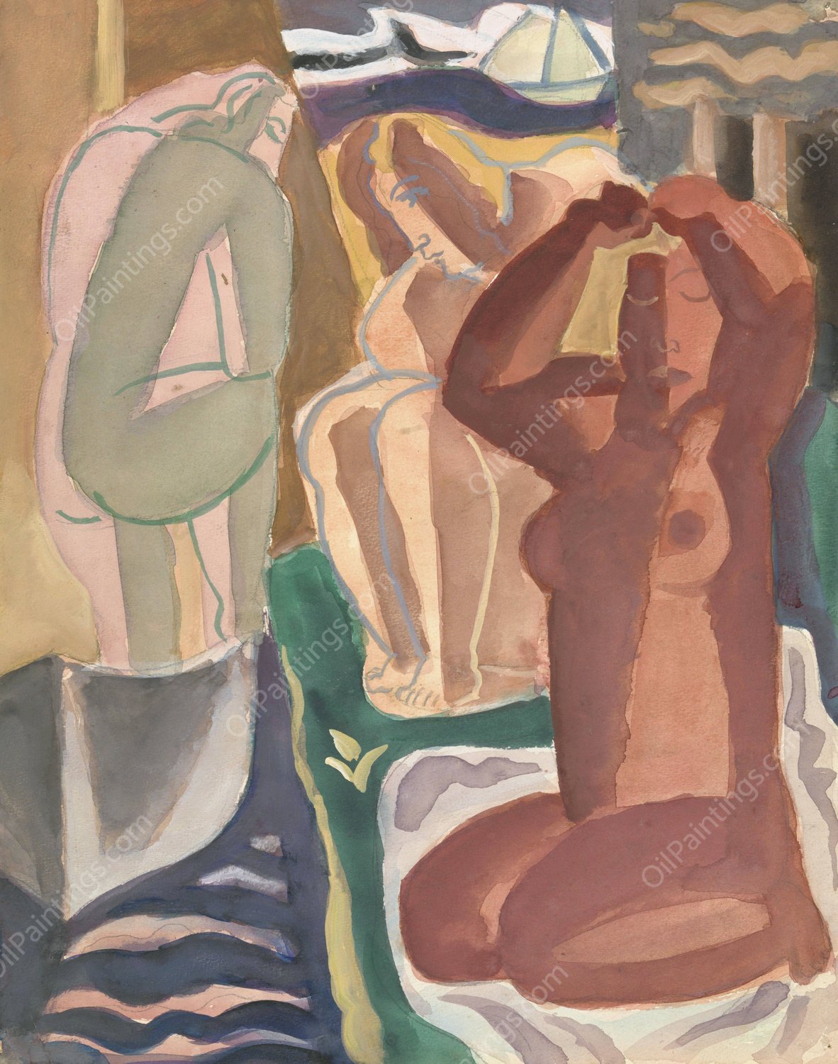 Twee badende vrouwen en een rugfiguur  by Leo Gestel - Hand-Painted Oil Painting Reproduction