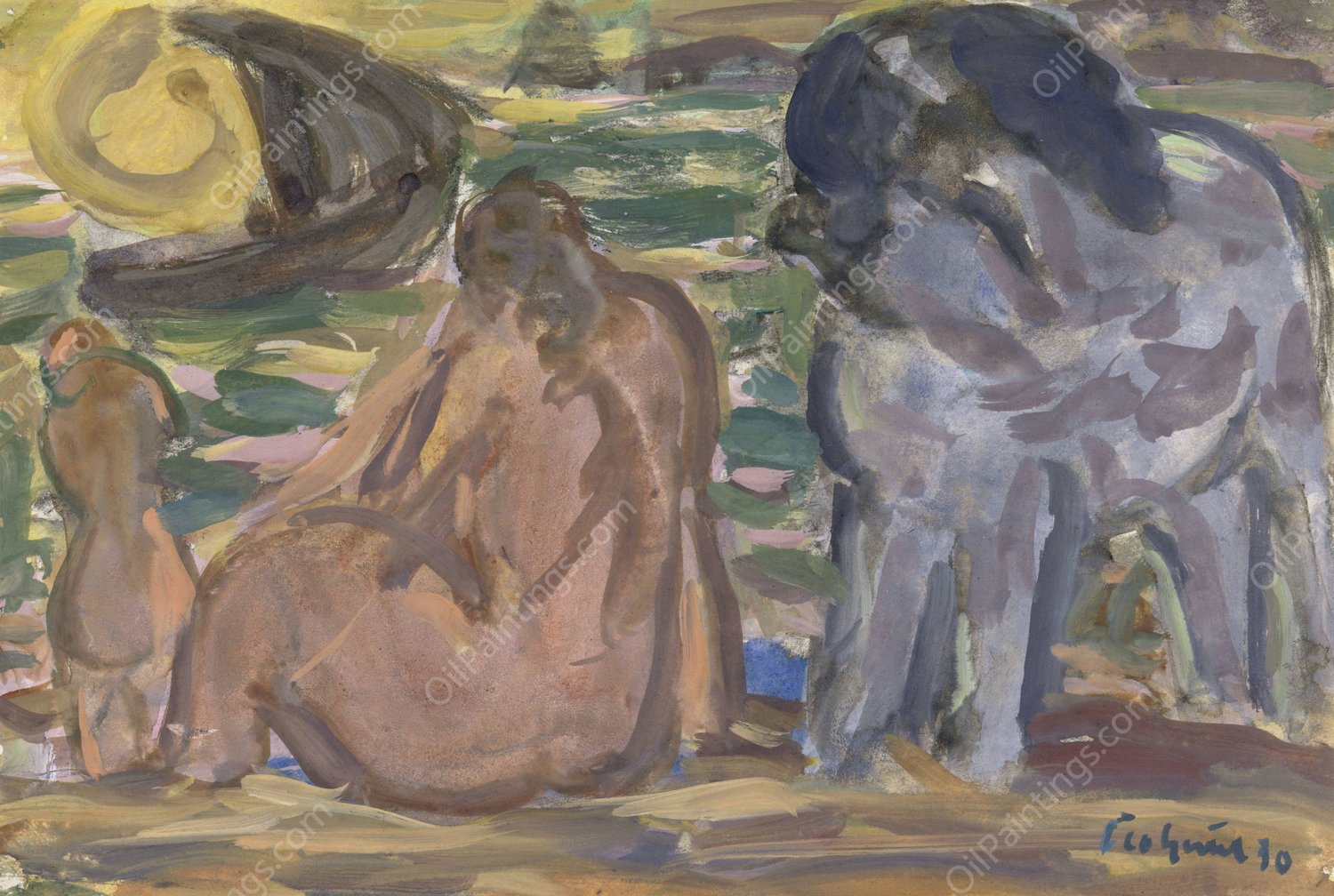 Twee naakte figuren en een paard aan de zee  by Leo Gestel - Hand-Painted Oil Painting Reproduction