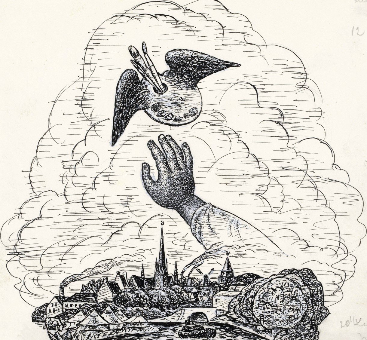 Zonder titel Vignet voor biografie van Gestel door Van der Pluym, gezicht op Woerden met daarboven een hand die reikt naar een gevleugeld palet  by Leo Gestel - Hand-Painted Oil Painting Reproduction