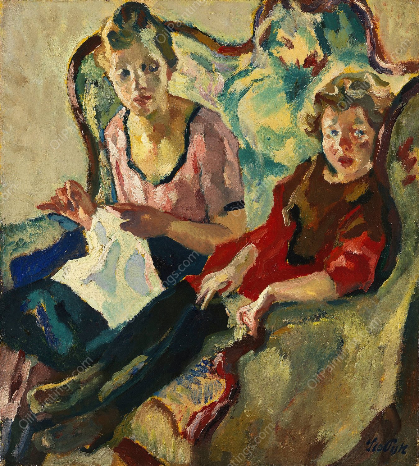 Lisl und Buberl  by Leo Putz - Hand-Painted Oil Painting Reproduction