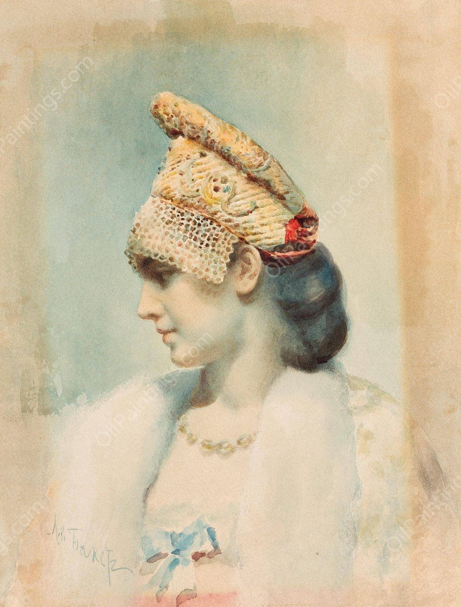 Portrait of a Girl Wearing a Kokoshnik in Profile by Leon Bakst - Hand-Painted Oil Painting Reproduction