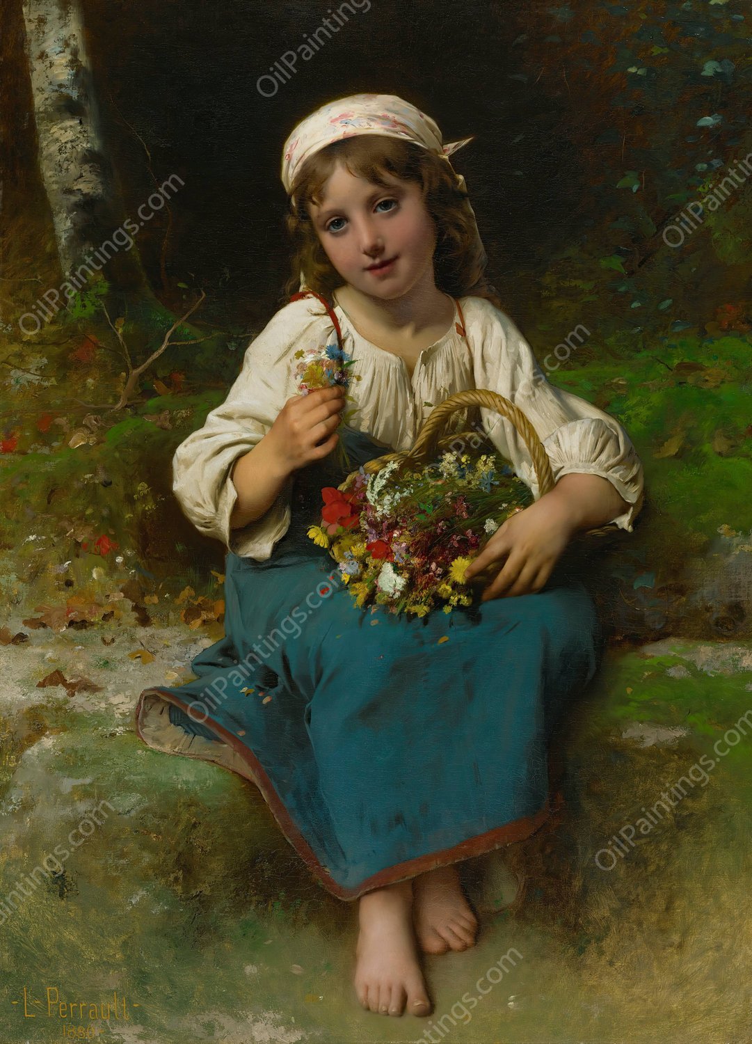 Young girl with a basket of flowers  by Leon-Jean-Basile Perrault - Hand-Painted Oil Painting Reproduction
