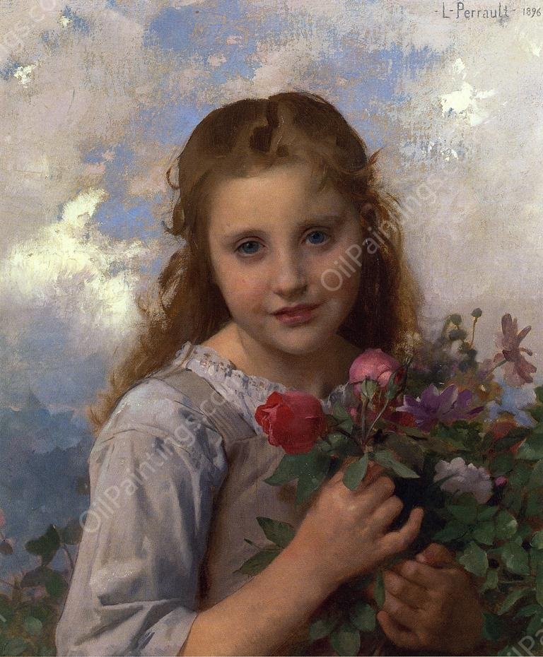 Young Girl with a Bouquet of Flowers by Leon-Jean-Basile Perrault - Hand-Painted Oil Painting Reproduction