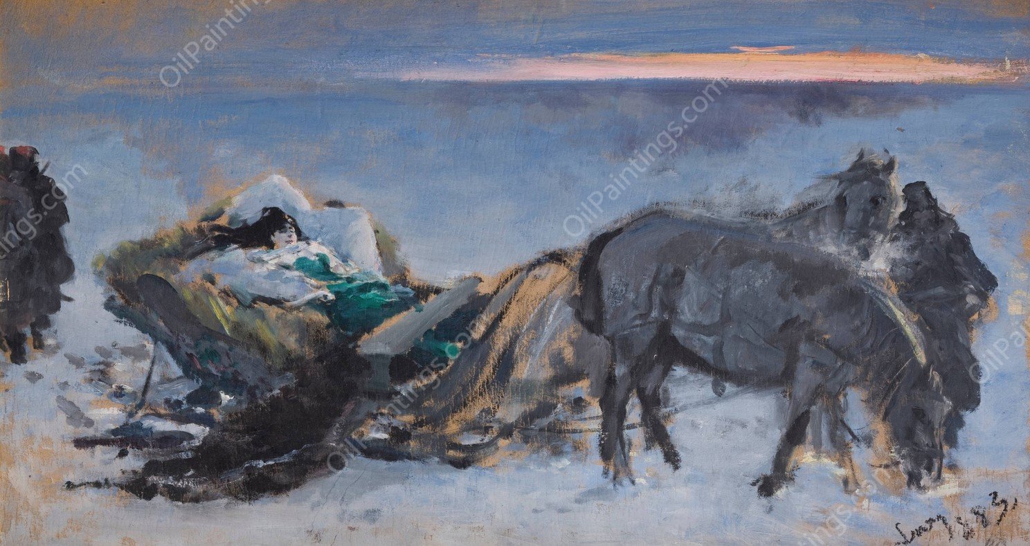 Gertruda Komorowska in the Sleigh  by Leon Wyczolkowski - Hand-Painted Oil Painting Reproduction