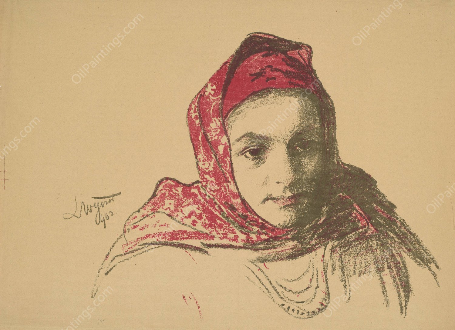 Head of a girl from Cracow in a red scarf  by Leon Wyczolkowski - Hand-Painted Oil Painting Reproduction