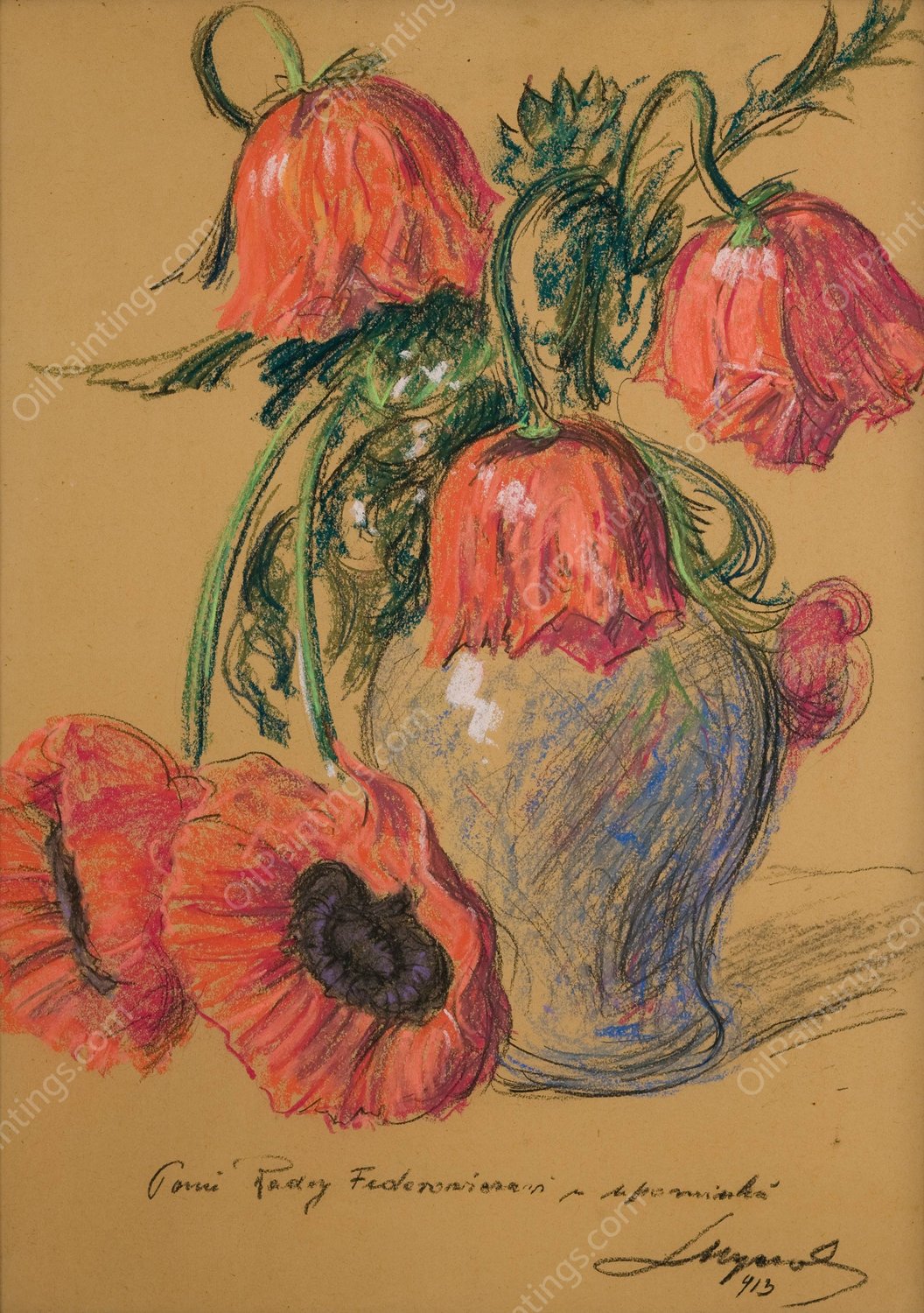 Poppies in a vase  by Leon Wyczolkowski - Hand-Painted Oil Painting Reproduction