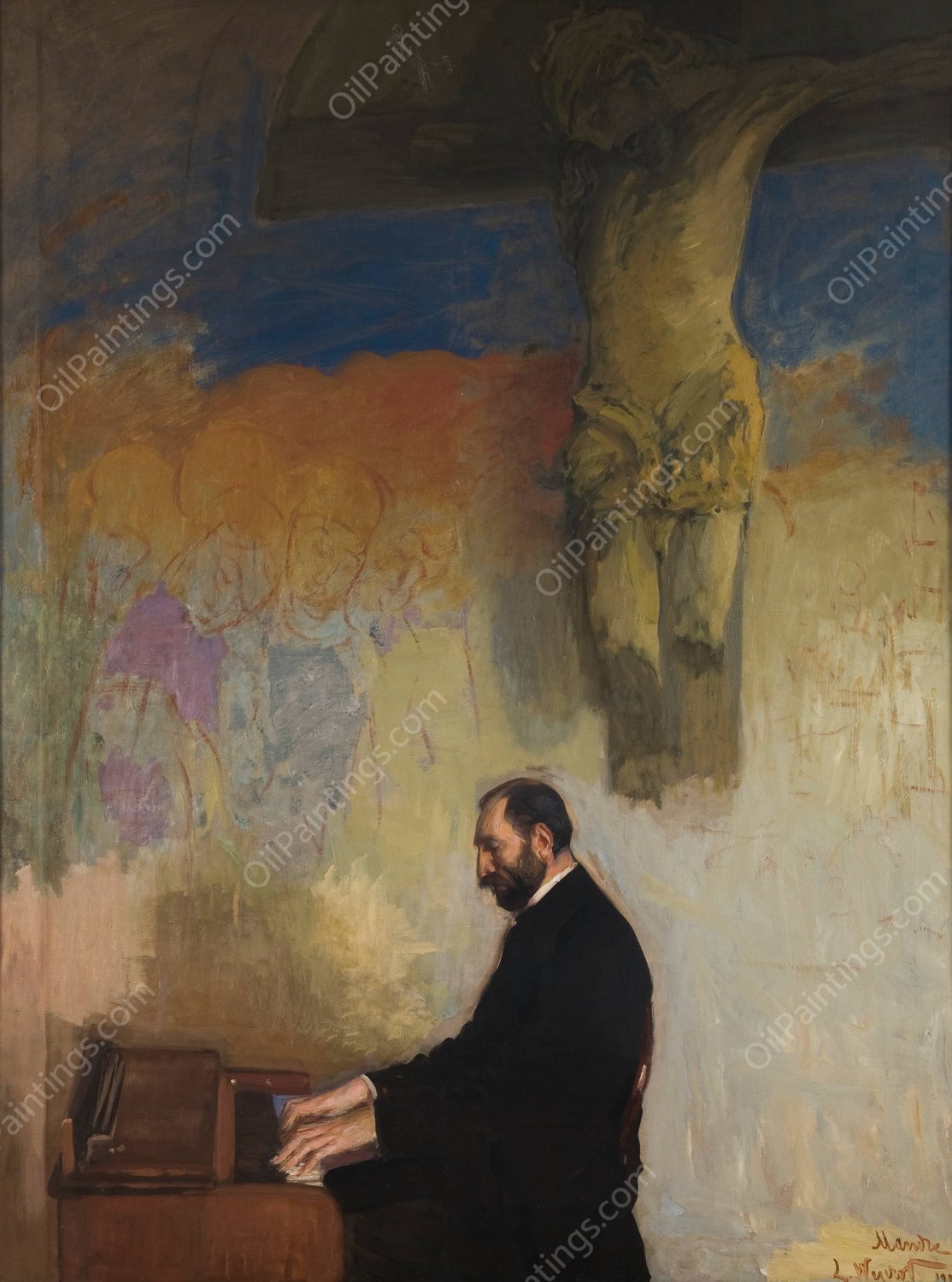Portrait of Feliks Jasienski at the Organ  by Leon Wyczolkowski - Hand-Painted Oil Painting Reproduction