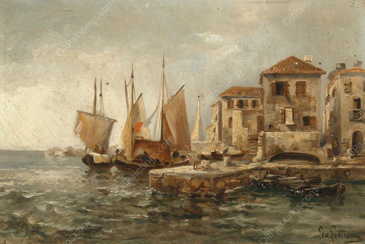 Fishermen in the Harbour of Volosco by Leontine Von Littrow - Hand-Painted Oil Painting Reproduction
