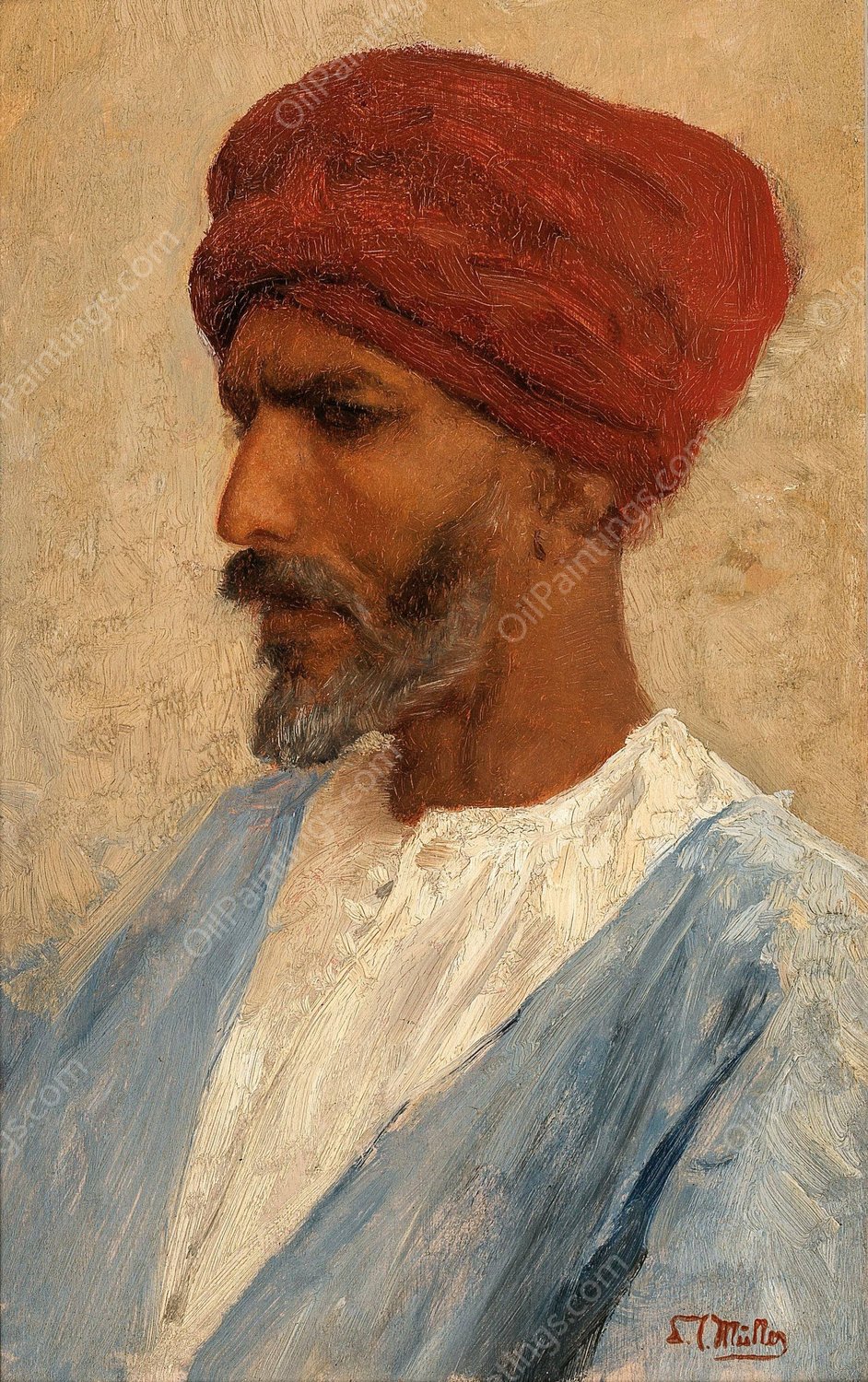 Portrait of an Oriental with a Red Turban by Leopold Carl Muller - Hand-Painted Oil Painting Reproduction