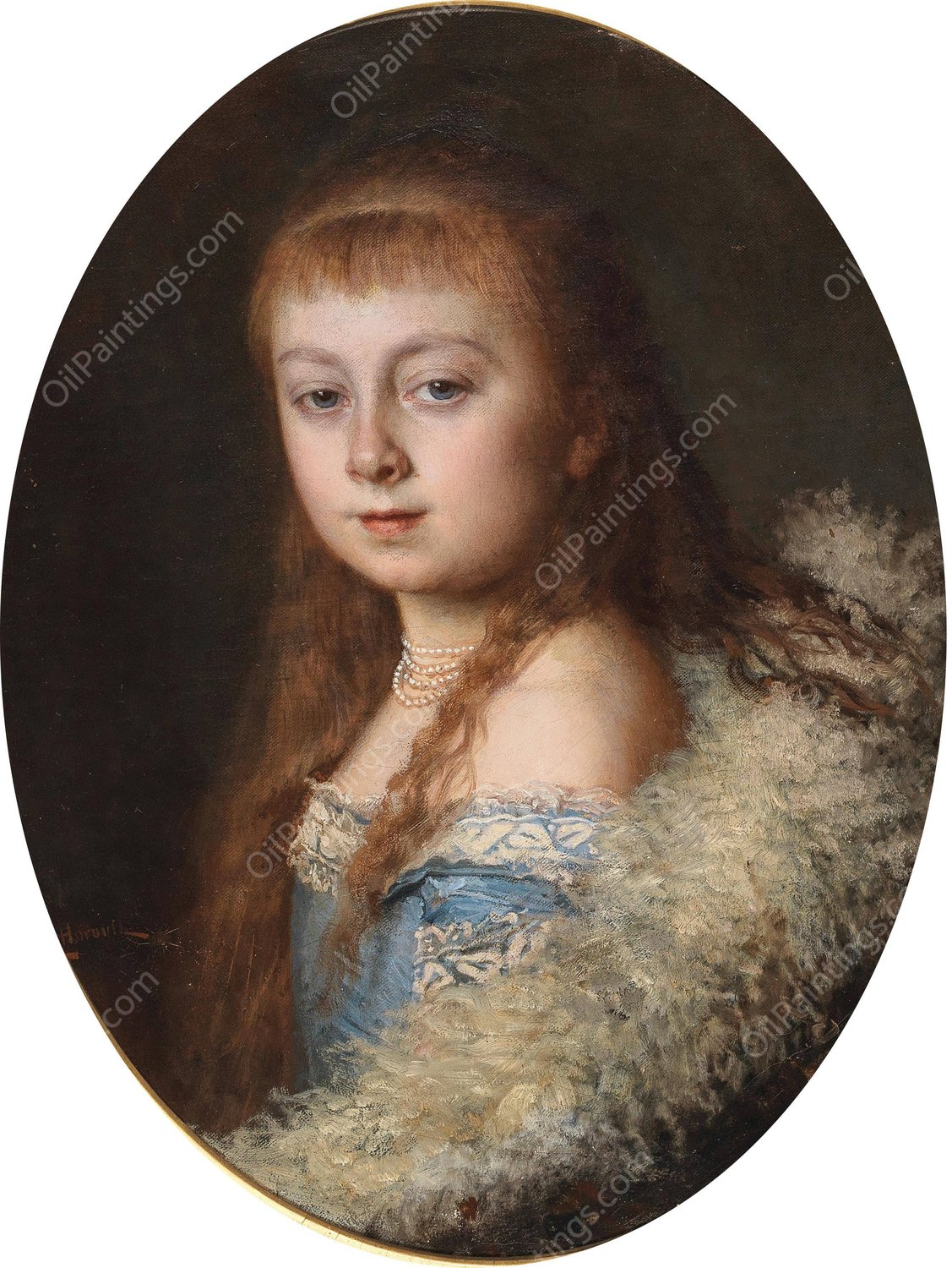 Portrait of a Girl in a Blue Dress and Pearl Necklace by Leopold Horovitz - Hand-Painted Oil Painting Reproduction