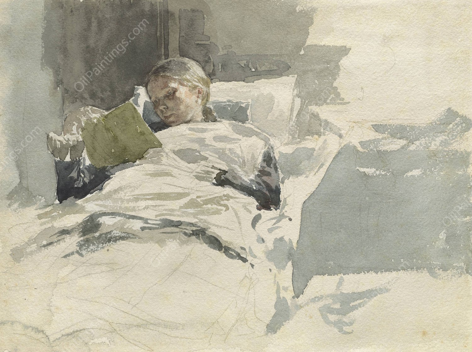 The Artist's Wife Reading In Bed  by Leopold Von Kalckreuth - Hand-Painted Oil Painting Reproduction