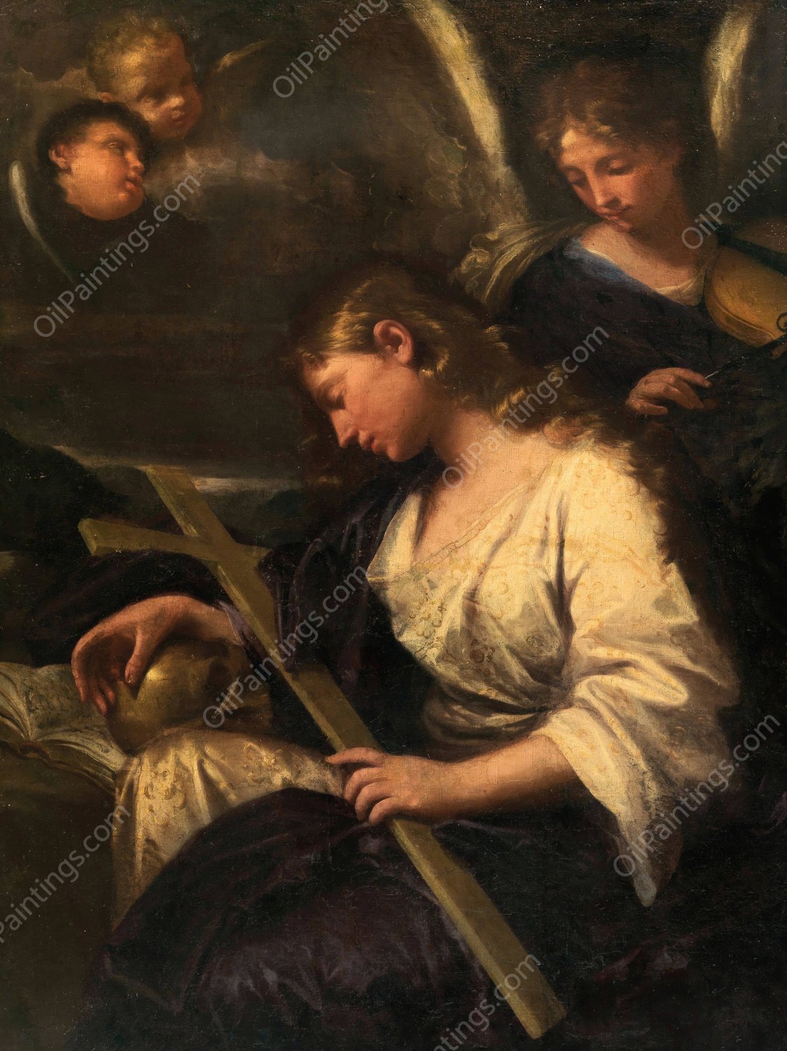 The Penitent Mary Magdalene Accompanied by an Angel Playing a Violin Behind by Lorenzo Pasinelli - Hand-Painted Oil Painting Reproduction