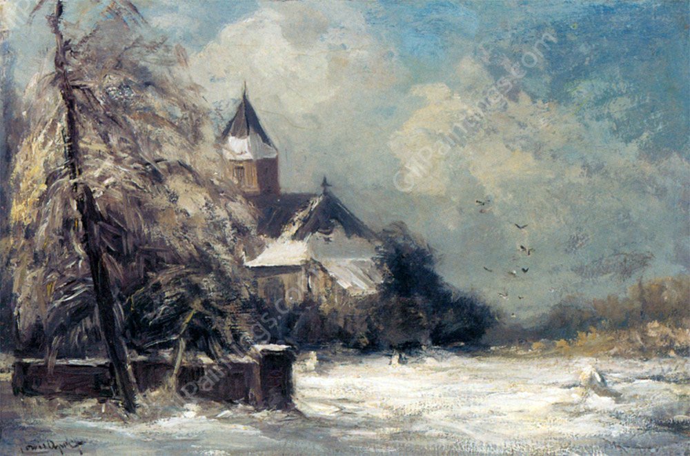 A Church In A Snow Covered Landscape by Louis Apol - Hand-Painted Oil Painting Reproduction
