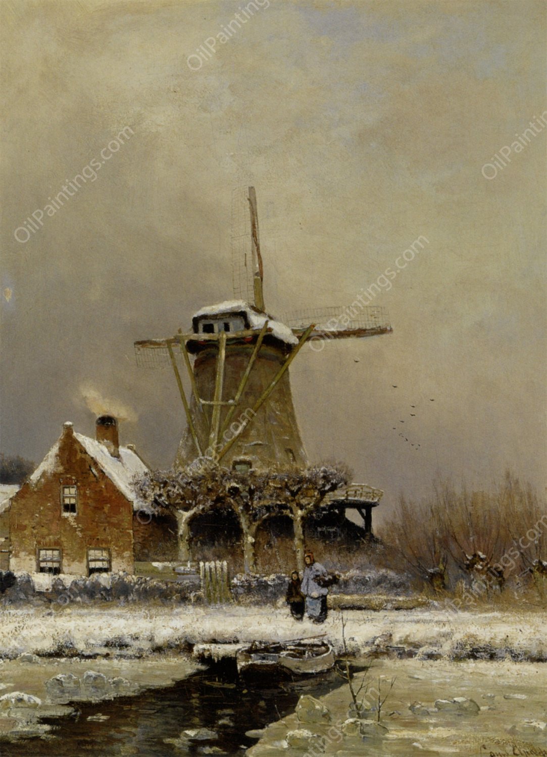 Figures by a Windmill in a Snow Covered Landscape by Louis Apol - Hand-Painted Oil Painting Reproduction