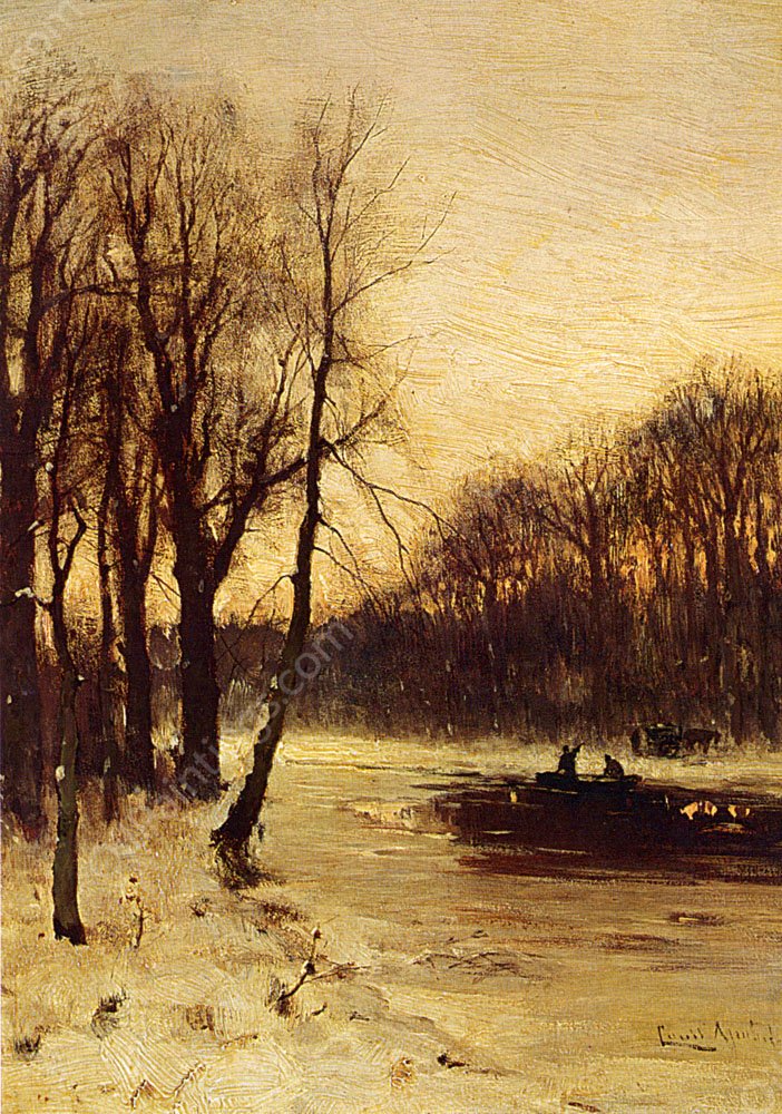 Figures In A Winter Landscape At Dusk by Louis Apol - Hand-Painted Oil Painting Reproduction