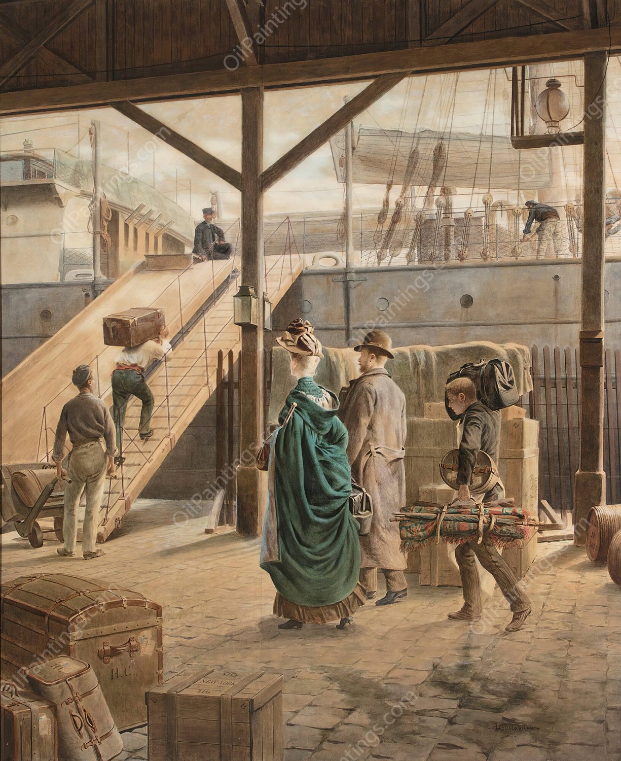 Boarding the ship for New York by Louis-Auguste-Georges Loustaunau - Hand-Painted Oil Painting Reproduction