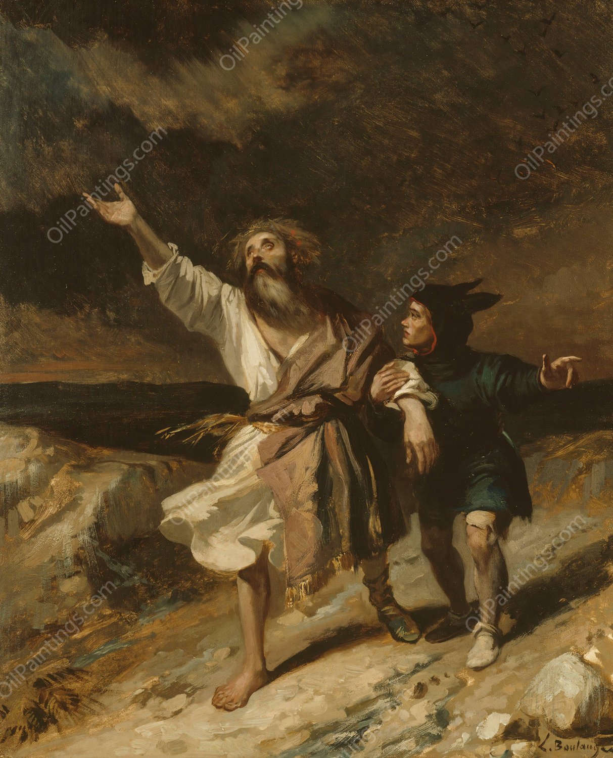 King Lear And His Madman During The Storm  by Louis Candide Boulanger - Hand-Painted Oil Painting Reproduction