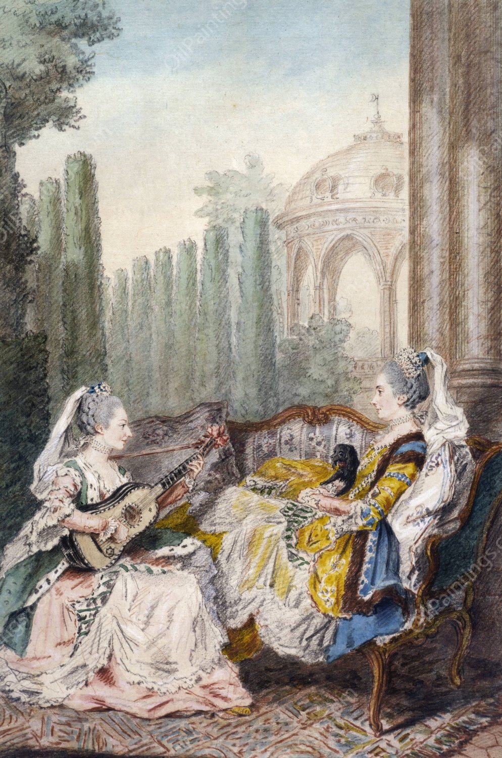 Deux femmes dont l'une joue de la guitare, l'autre tenant un chien sur elle by Louis Carrogis Carmontelle - Hand-Painted Oil Painting Reproduction