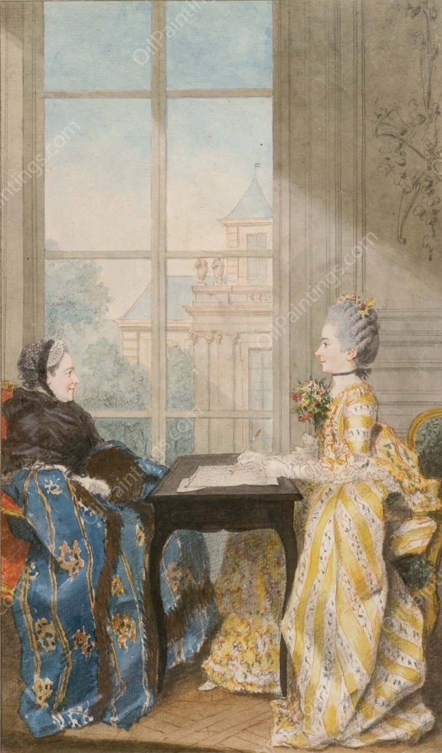 La marquise du Moutier et sa fille  by Louis Carrogis Carmontelle - Hand-Painted Oil Painting Reproduction