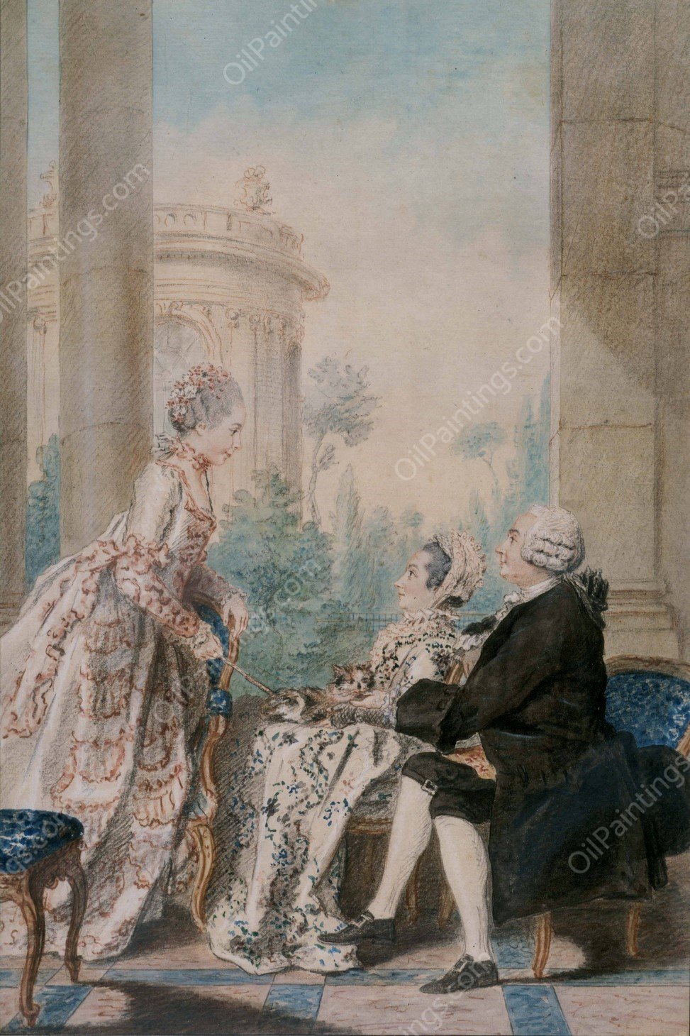 M. et Mme de Saint Wast accueillant Mlle de Beauregard  by Louis Carrogis Carmontelle - Hand-Painted Oil Painting Reproduction