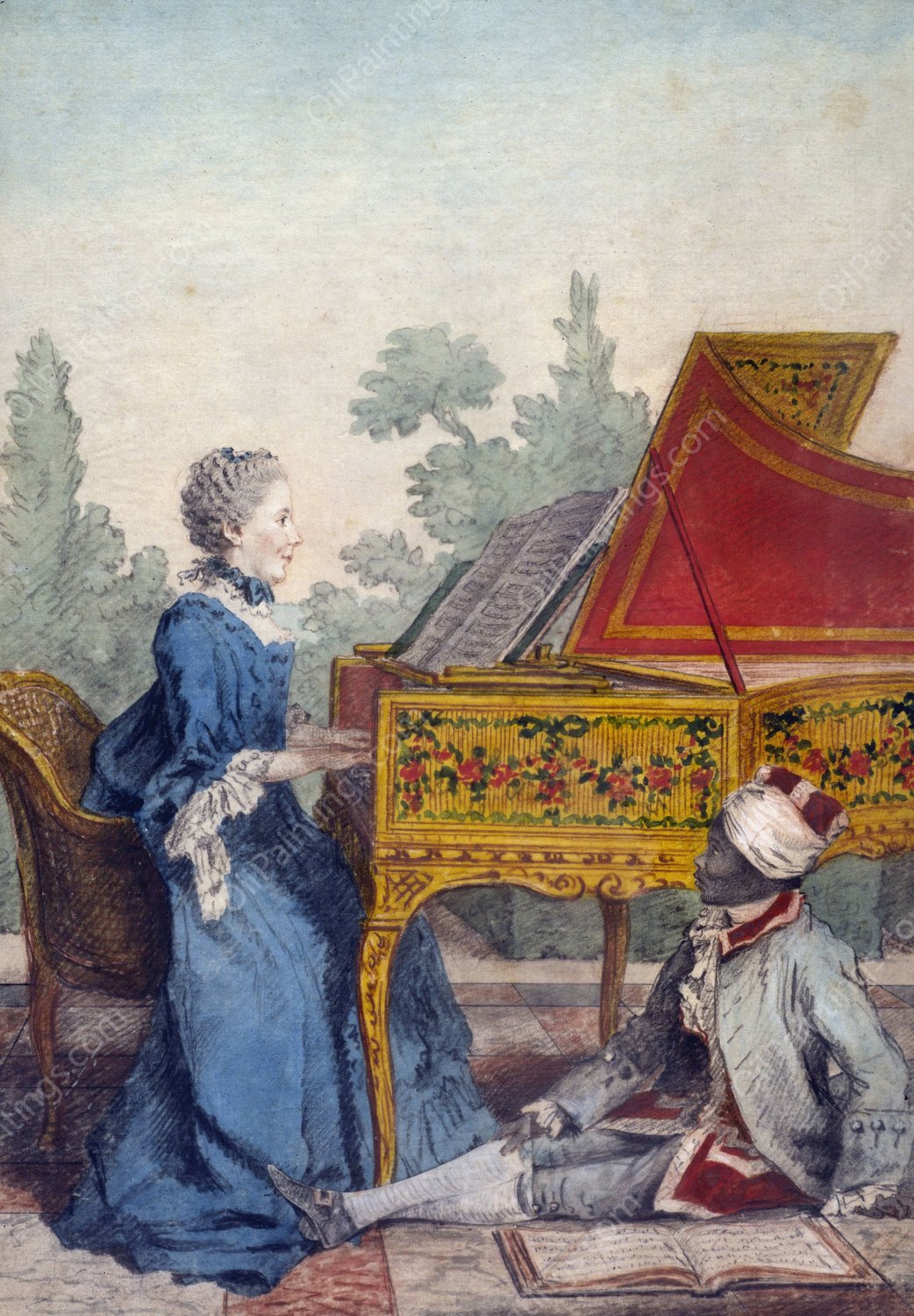 Mlle Desgots, de Saint Domingue, avec son negre Laurent  by Louis Carrogis Carmontelle - Hand-Painted Oil Painting Reproduction