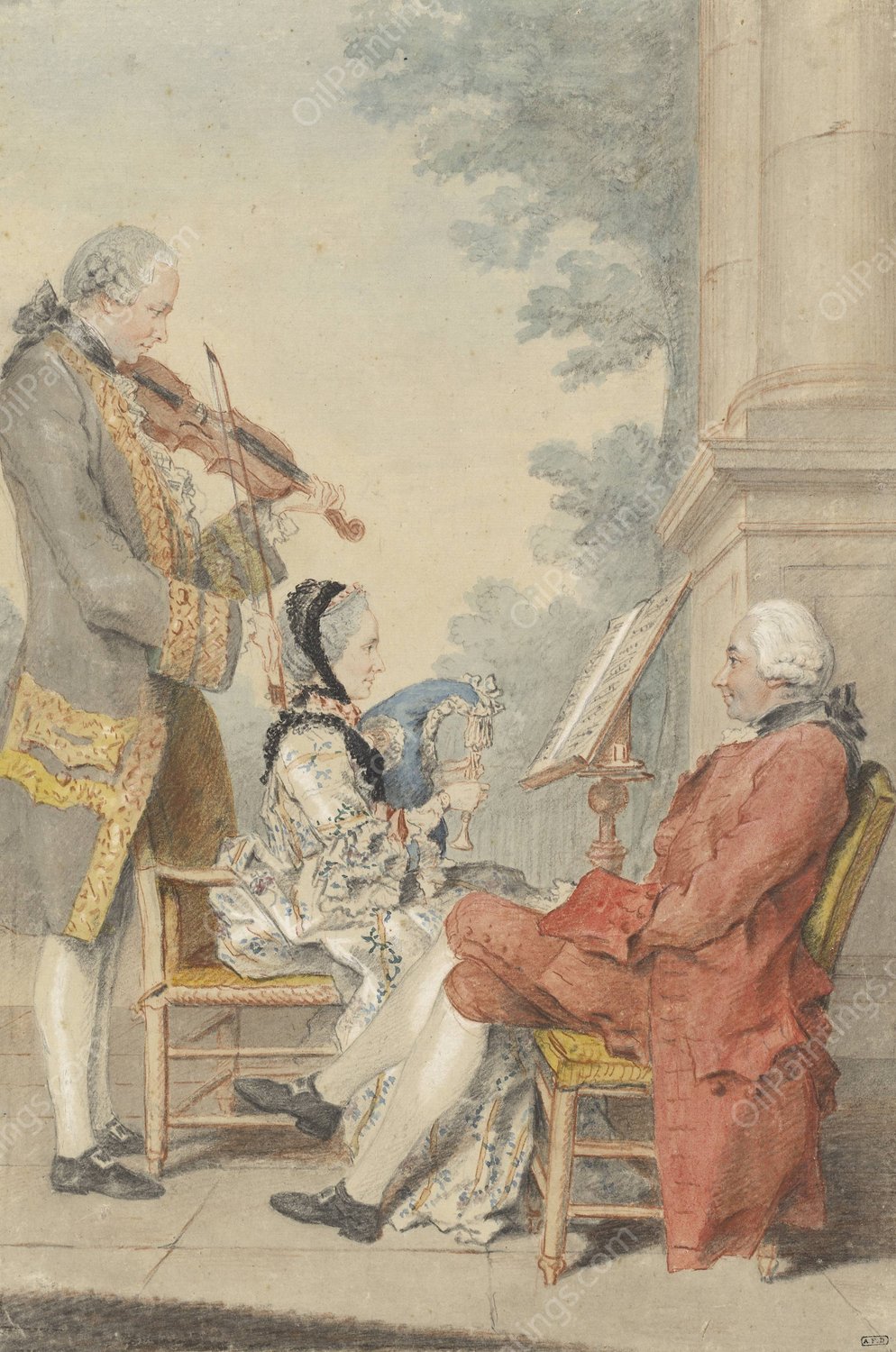 Monsieur And Madame Blizet With Monsieur Le Roy The Actor  by Louis Carrogis Carmontelle - Hand-Painted Oil Painting Reproduction