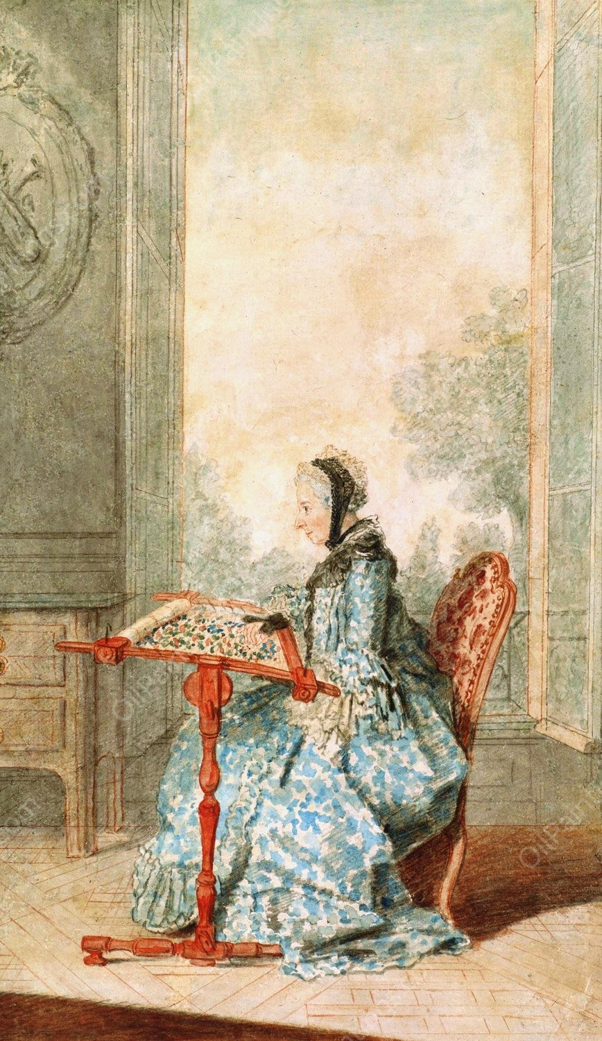 Portrait of a Woman at an Embroidery Frame  by Louis Carrogis Carmontelle - Hand-Painted Oil Painting Reproduction