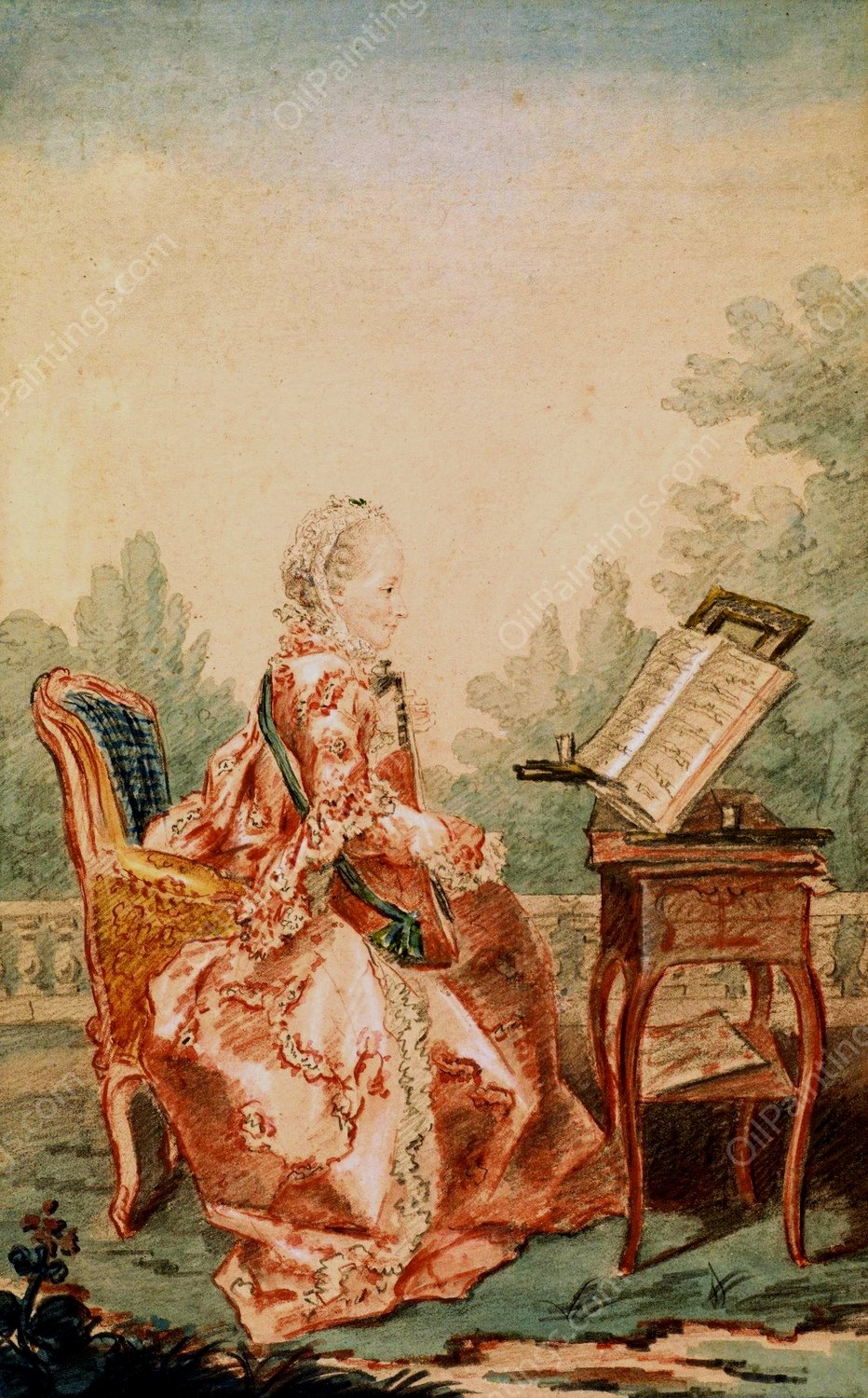 Portrait of a Woman Playing a Lute  by Louis Carrogis Carmontelle - Hand-Painted Oil Painting Reproduction
