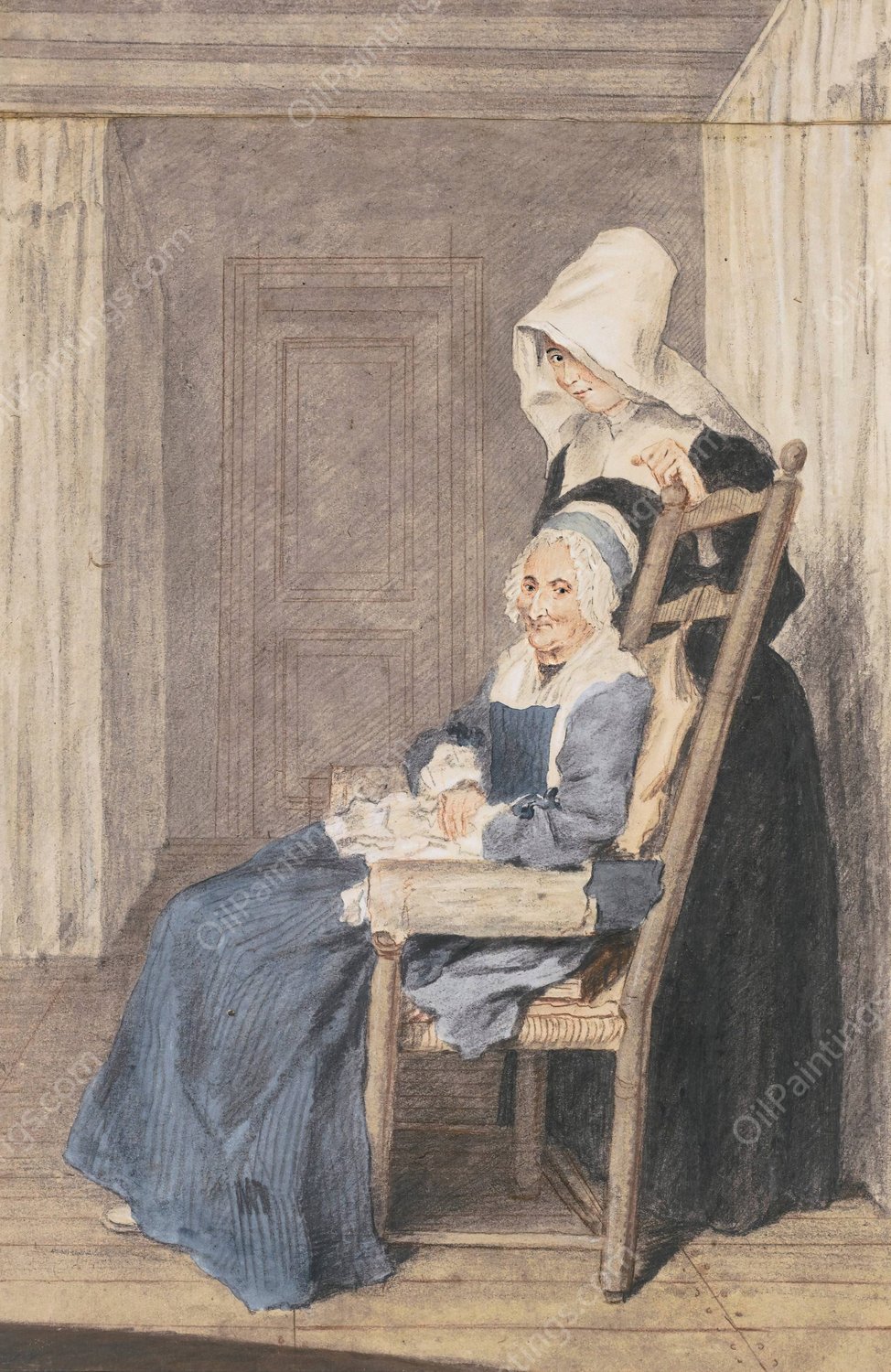 Portrait Of Marie Louise Petit, At The Age Of 105, With A Nurse Standing Behind by Louis Carrogis Carmontelle - Hand-Painted Oil Painting Reproduction