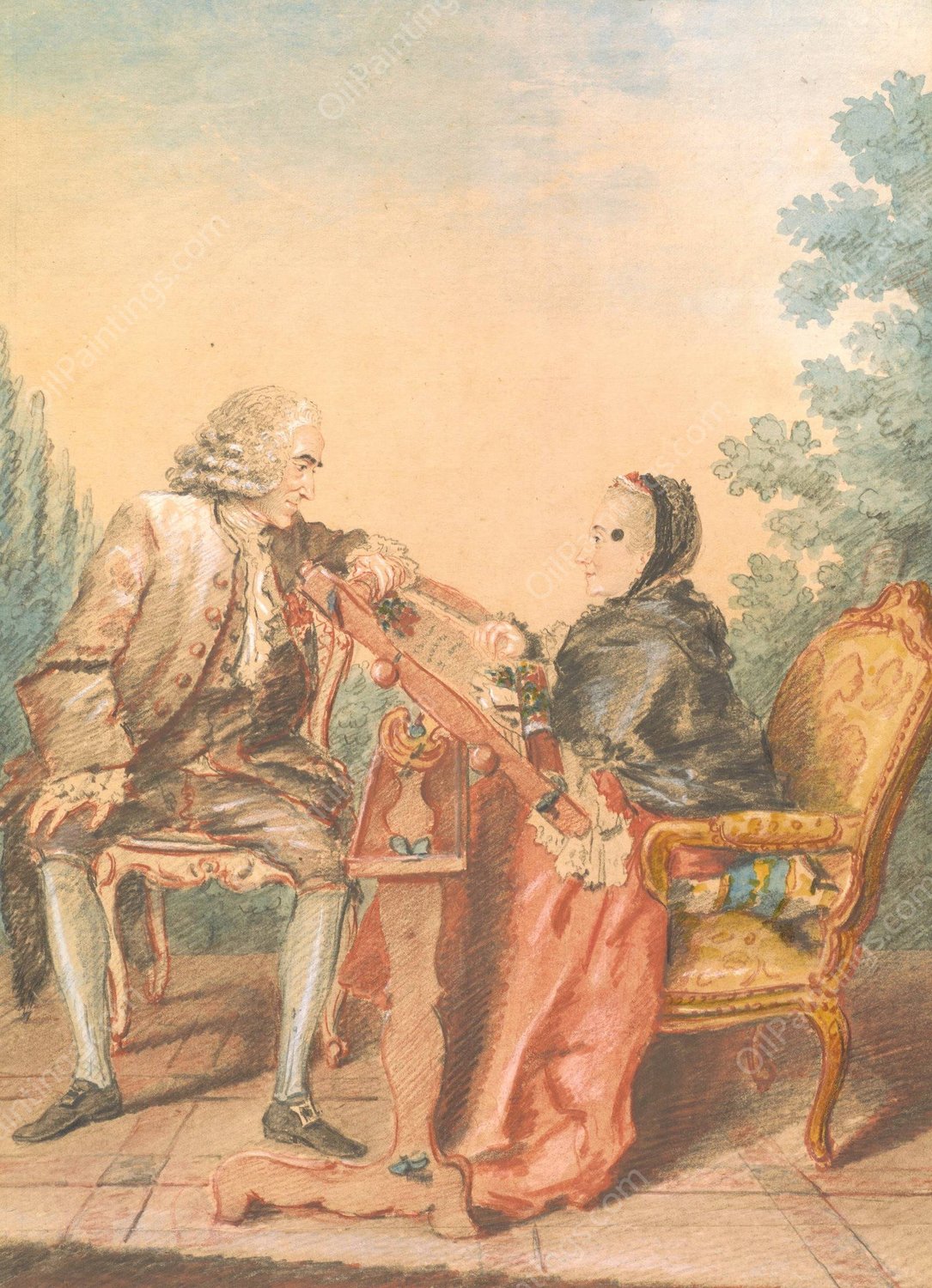Seated Man with Woman at an Embroidery Frame  by Louis Carrogis Carmontelle - Hand-Painted Oil Painting Reproduction