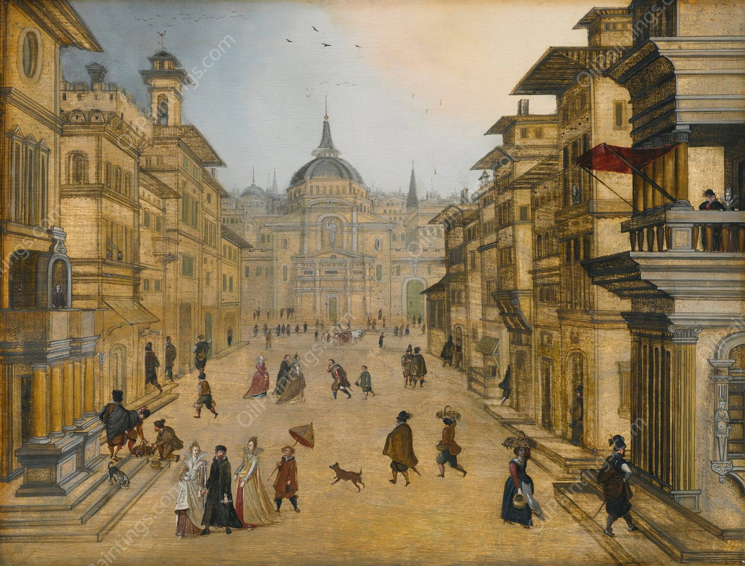 Elegant figures strolling in a renaissance town by Louis De Caullery - Hand-Painted Oil Painting Reproduction