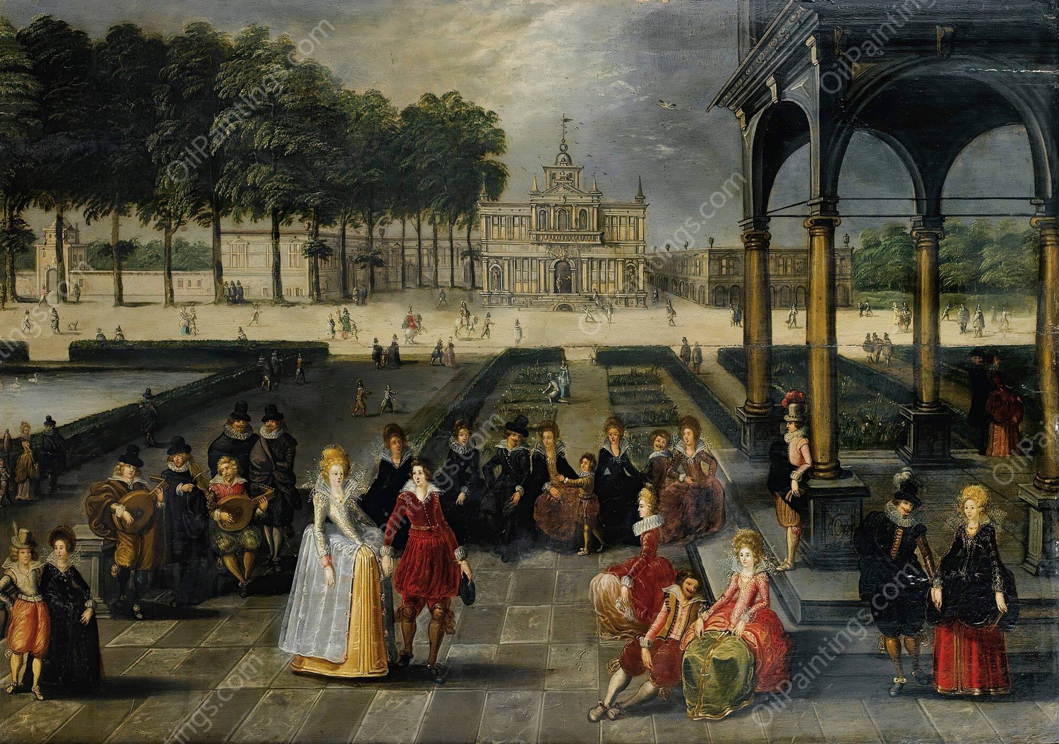 Elegant in the park of a classic palace by Louis De Caullery - Hand-Painted Oil Painting Reproduction