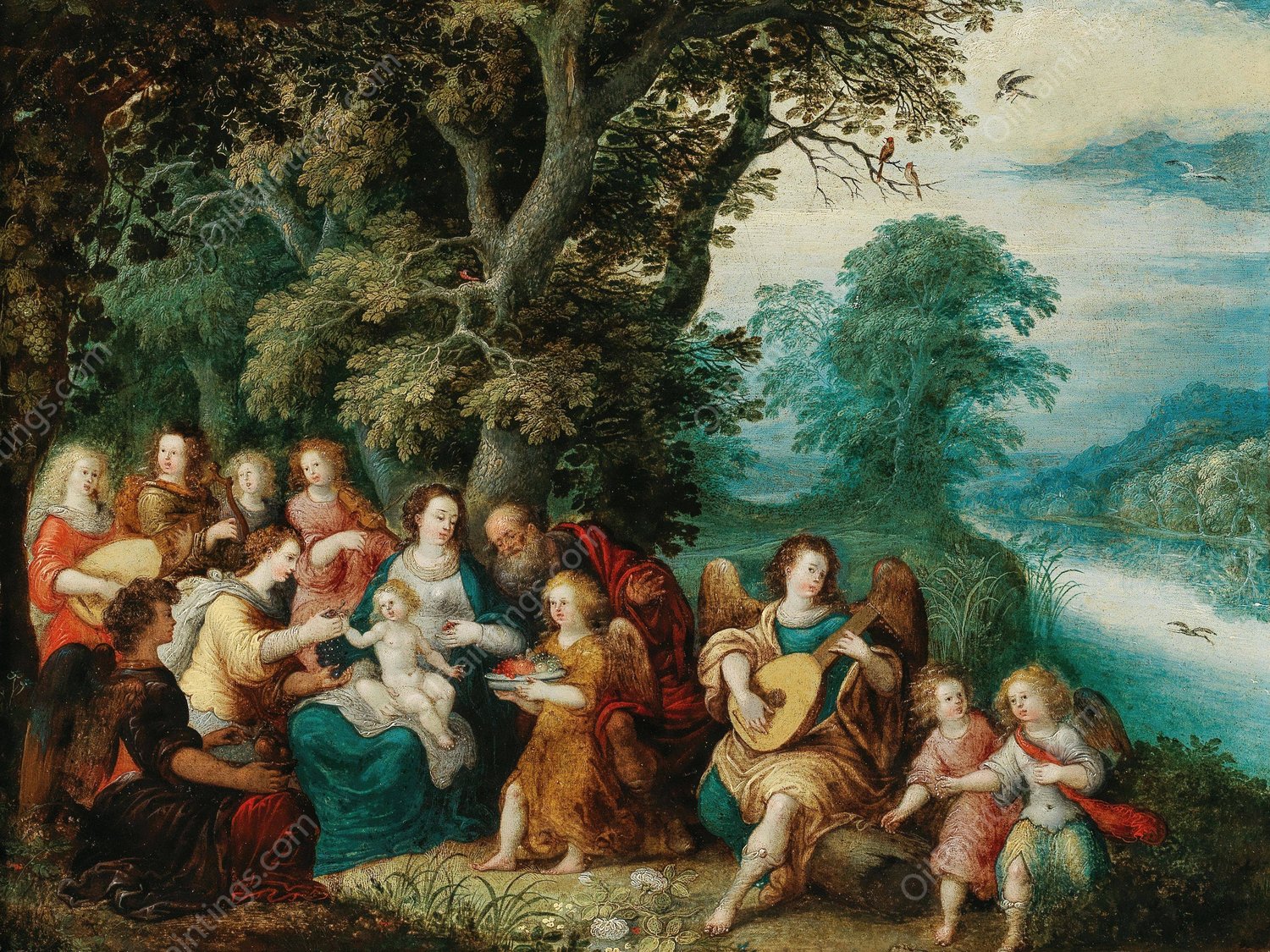 The Holy Family with music-making angels in a landscape by Louis De Caullery - Hand-Painted Oil Painting Reproduction