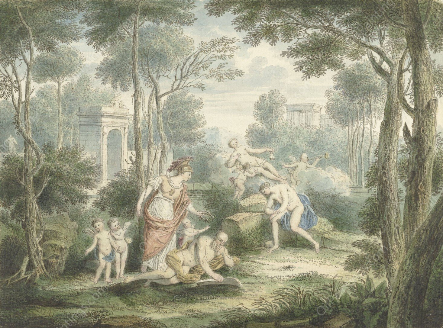 Arcadisch landschap met Athene die een oude man kroont en Venus en Adonis  by Louis Fabritius Dubourg - Hand-Painted Oil Painting Reproduction