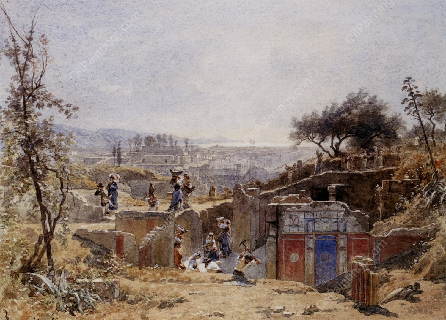 The Excavations at Pompeii by Louis Francais - Hand-Painted Oil Painting Reproduction