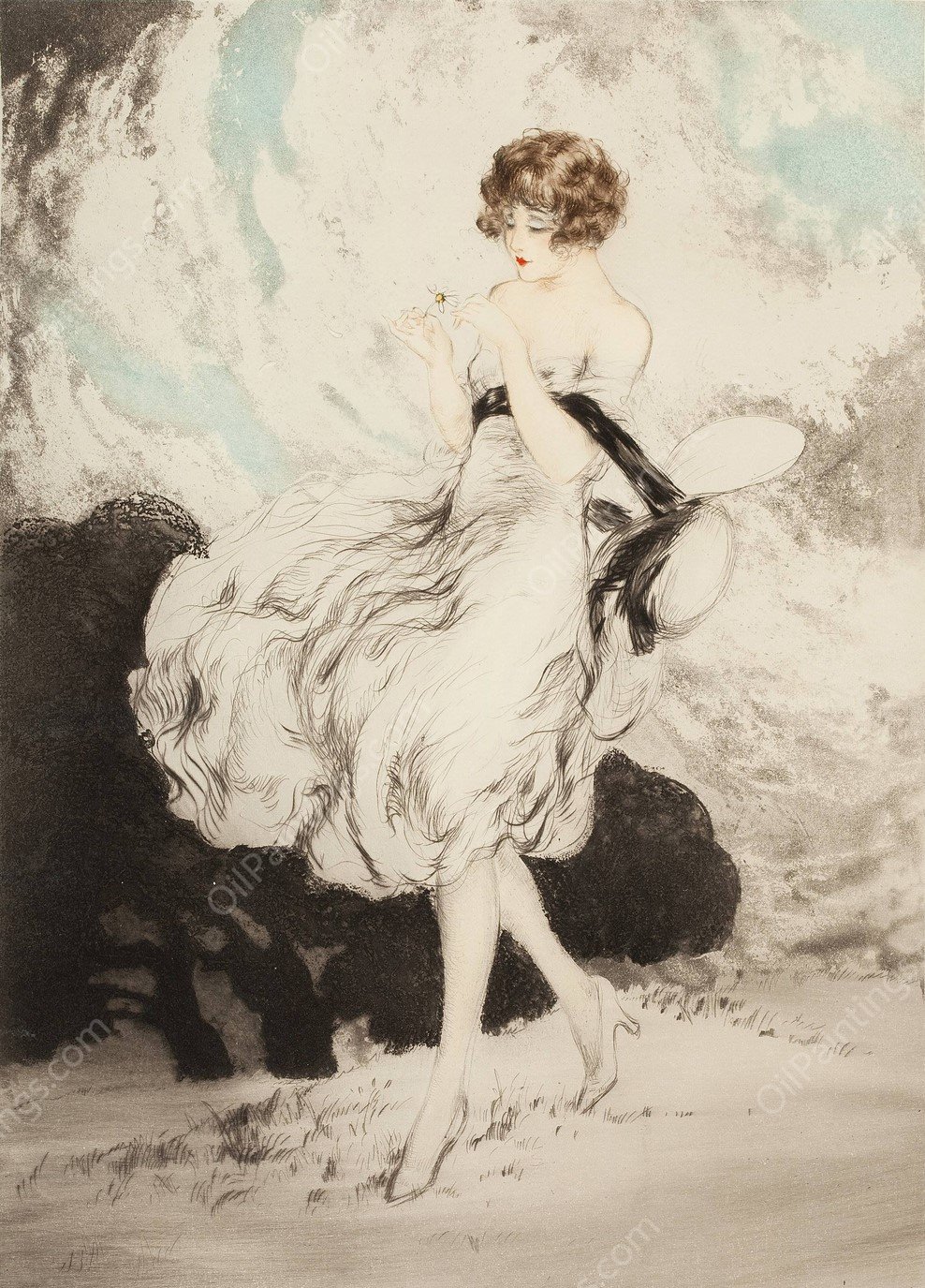 Lady with a Daisy by Louis Icart - Hand-Painted Oil Painting Reproduction