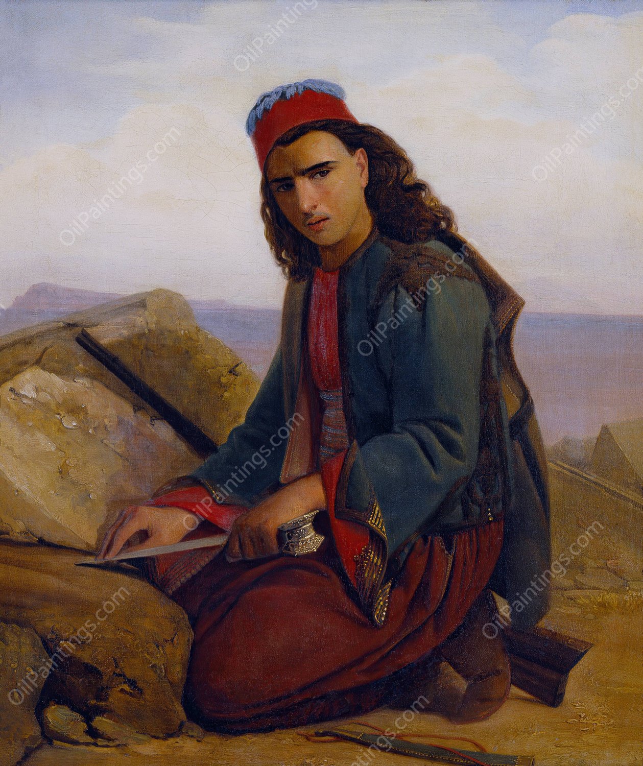 A Young Greek Sharpening His Dagger  by Louis Leopold Robert - Hand-Painted Oil Painting Reproduction