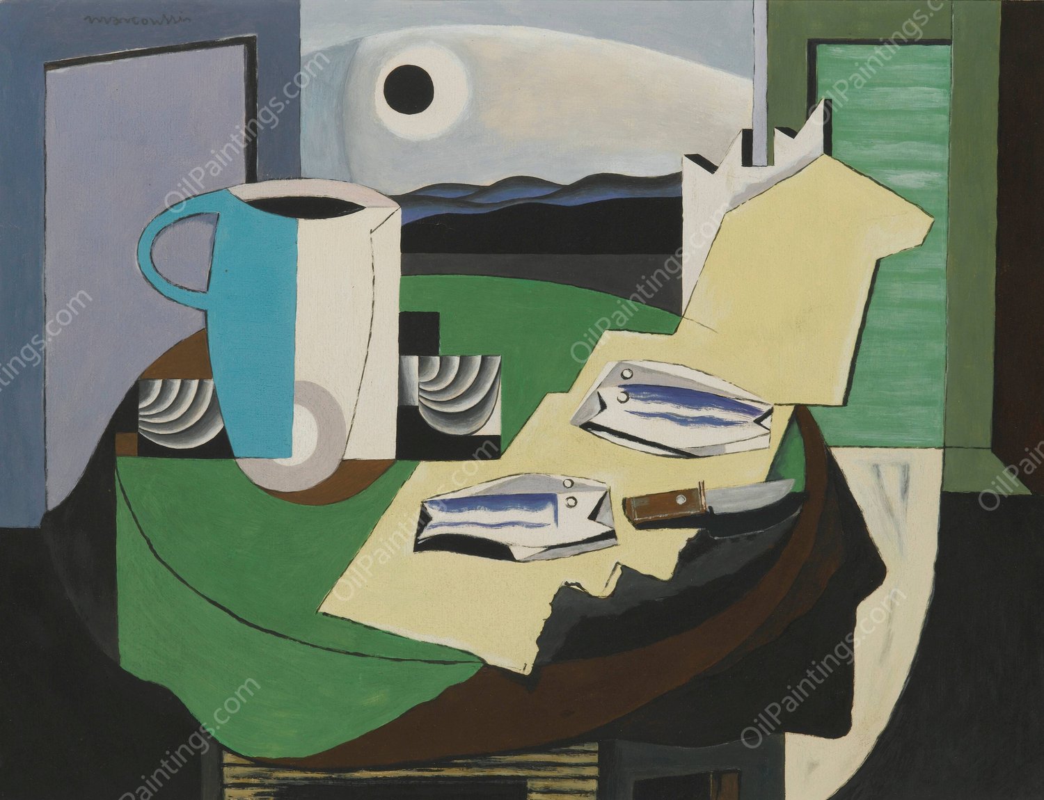 Nature Morte Aux Poissons Or Hyeres Ii  by Louis Marcoussis - Hand-Painted Oil Painting Reproduction