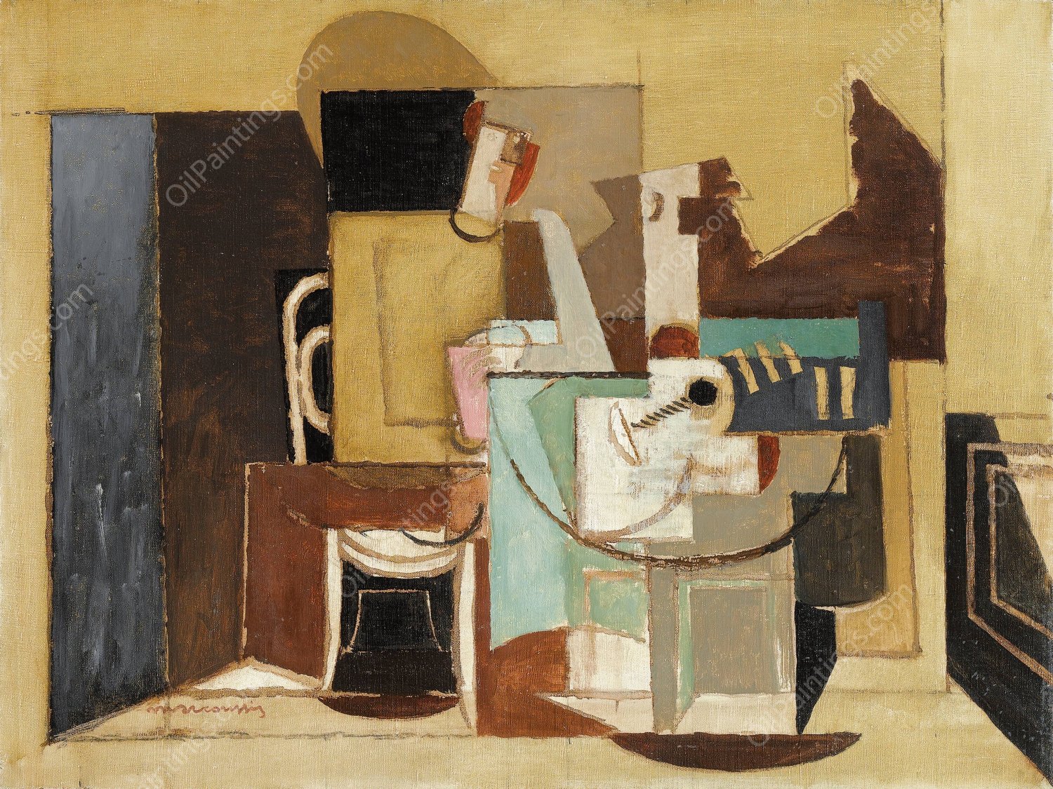 Personnage Assis a Une Table Ronde by Louis Marcoussis - Hand-Painted Oil Painting Reproduction