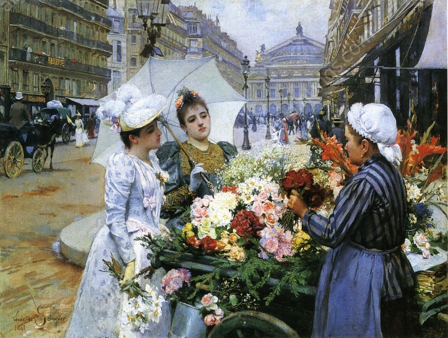 The Flower Seller, Avenue de L'Opera, Paris by Louis Marie De Schryver - Hand-Painted Oil Painting Reproduction