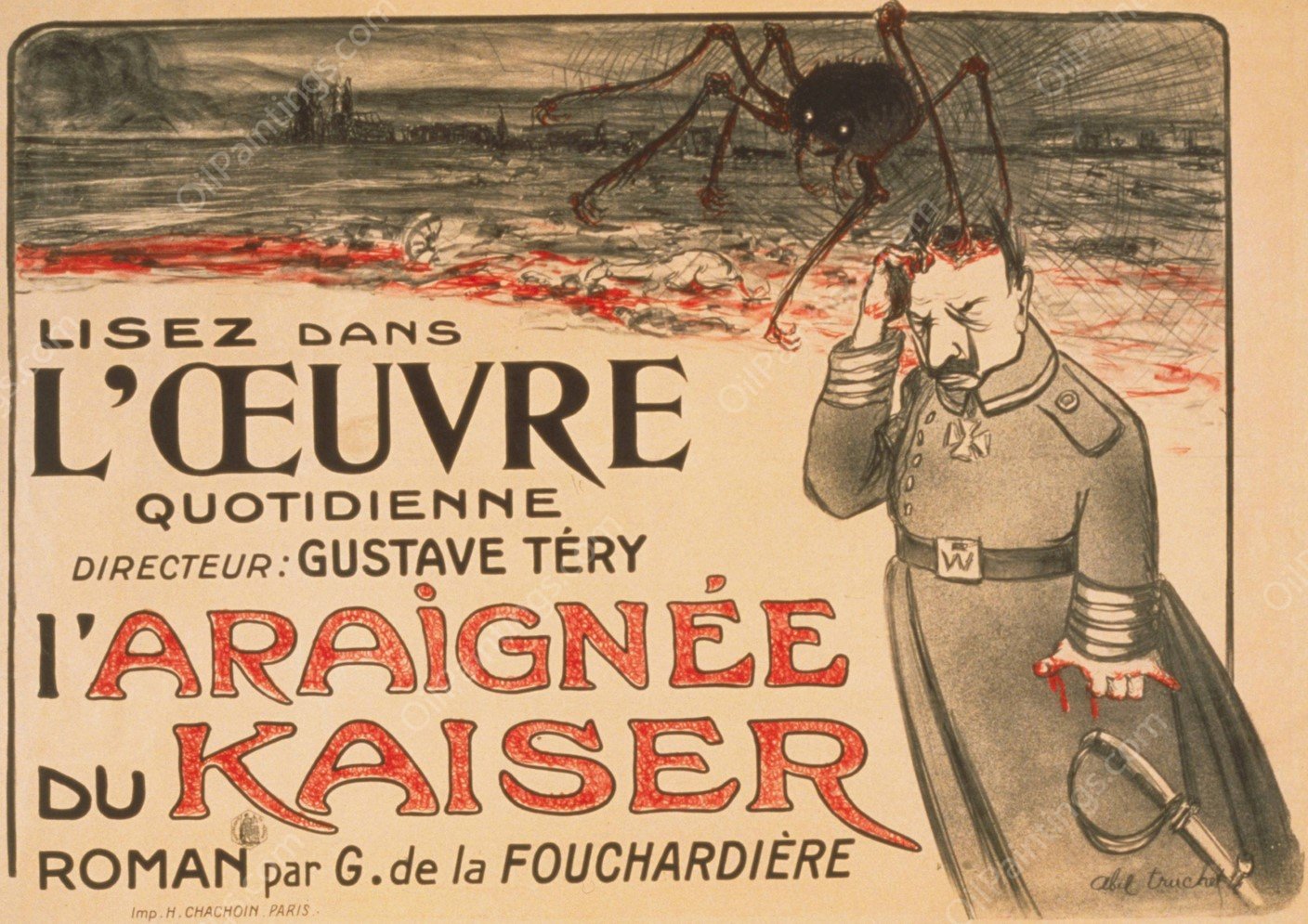 Lisez dans 'l'Oeuvre'. . . 'L'Araignee du Kaiser'roman par G. de la Fouchardiere  by Louis Abel-Truchet - Hand-Painted Oil Painting Reproduction