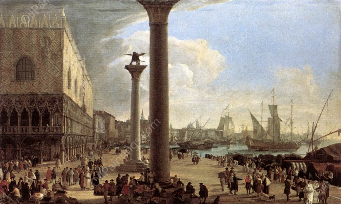 The Wharf, Looking toward the Doge's Palace by Luca Carlevaris - Hand-Painted Oil Painting Reproduction
