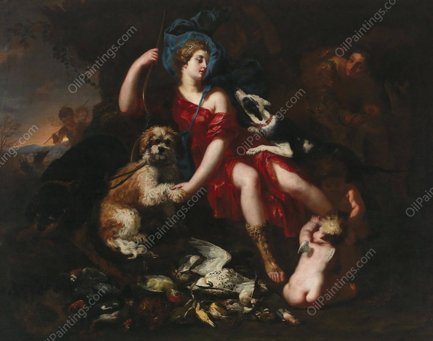 Diana resting, with her hunting dogs and putti by Lucas Franchoys The Younger - Hand-Painted Oil Painting Reproduction