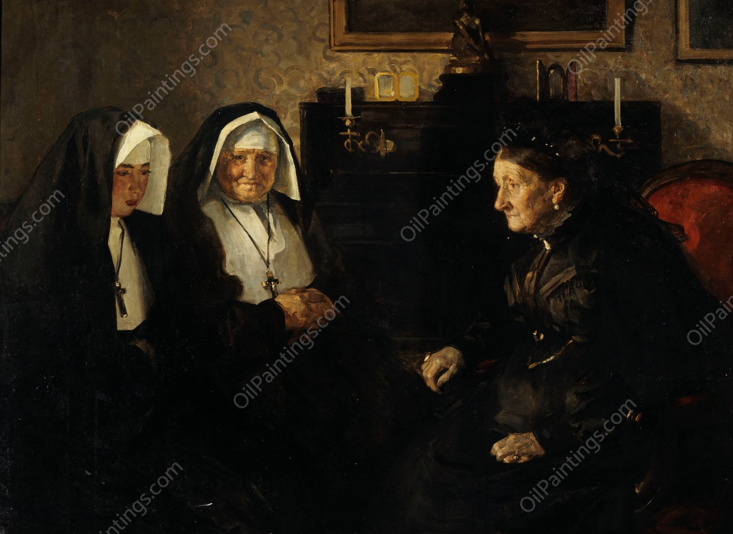 En visite, soeurs queteuses  by Lucien Simon - Hand-Painted Oil Painting Reproduction