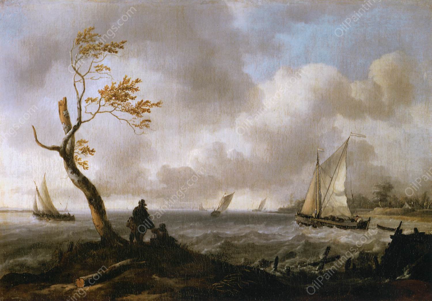 Fishing Boats and Coasting Vessel in Rough Weather by Ludolf Backhuysen - Hand-Painted Oil Painting Reproduction